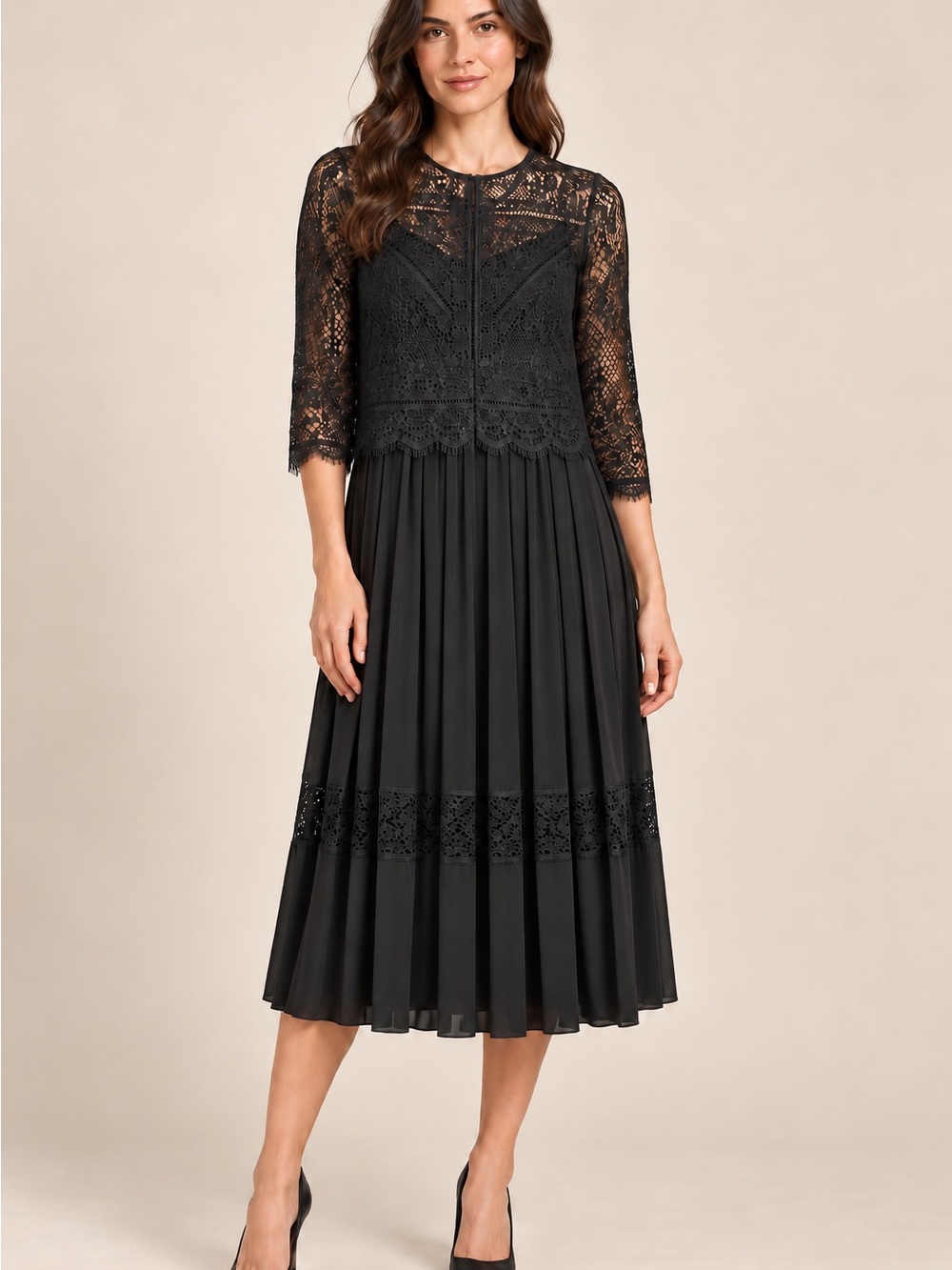 Zara Black Lace Pleated Midi Dress with Three-Quarter Sleeves